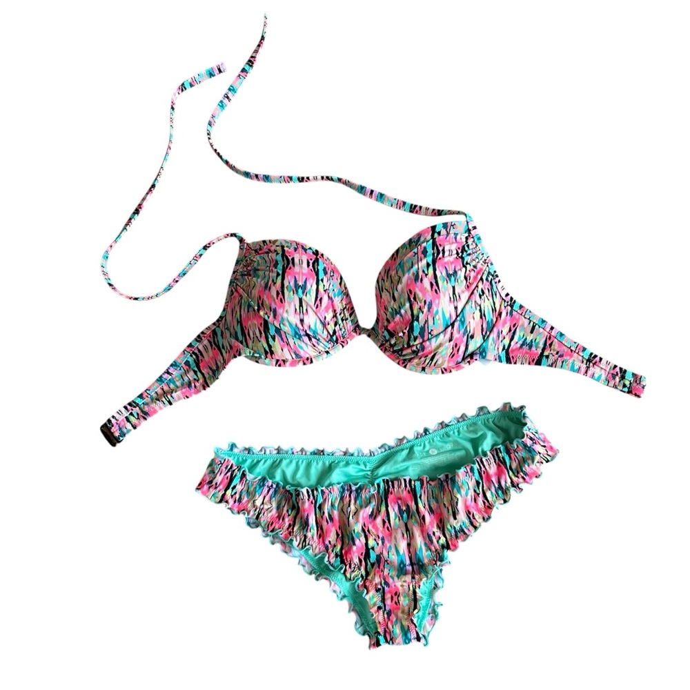 Shade and Shore Pink Aqua Multi Bikini Top 34DD Matching Scalloped Bottom Sz L